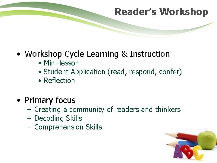 Reader’s Workshop • Workshop Cycle Learning & Instruction • Mini-lesson • Student Application (read,