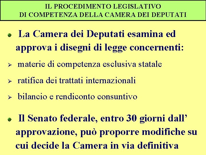 IL PROCEDIMENTO LEGISLATIVO DI COMPETENZA DELLA CAMERA DEI DEPUTATI La Camera dei Deputati esamina