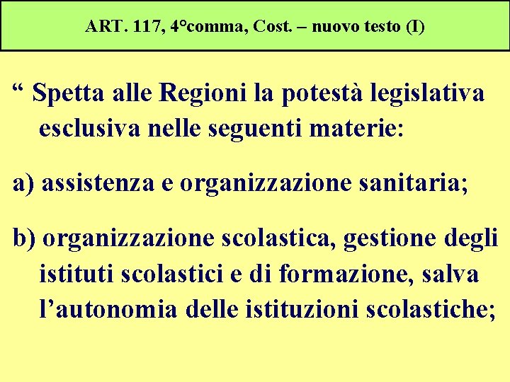 ART. 117, 4°comma, Cost. – nuovo testo (I) “ Spetta alle Regioni la potestà