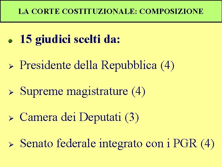LA CORTE COSTITUZIONALE: COMPOSIZIONE 15 giudici scelti da: Ø Presidente della Repubblica (4) Ø