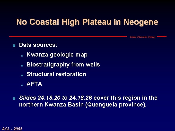 No Coastal High Plateau in Neogene Bureau of Economic Geology Data sources: Kwanza geologic