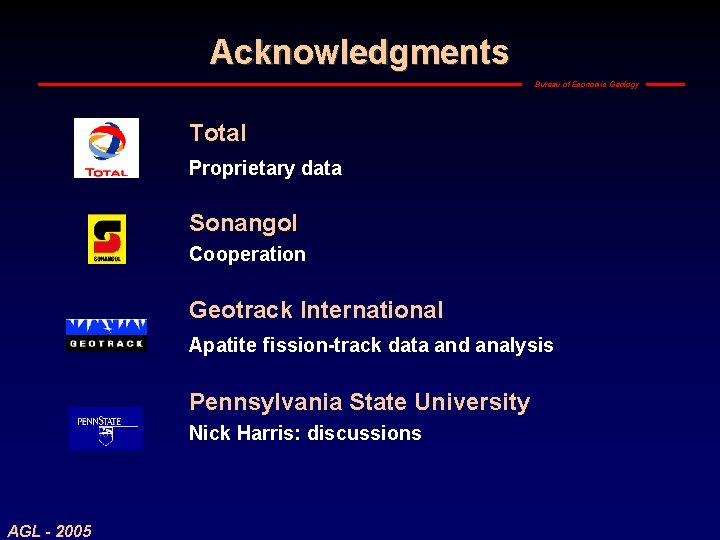 Acknowledgments Bureau of Economic Geology Total Proprietary data Sonangol Cooperation Geotrack International Apatite fission-track