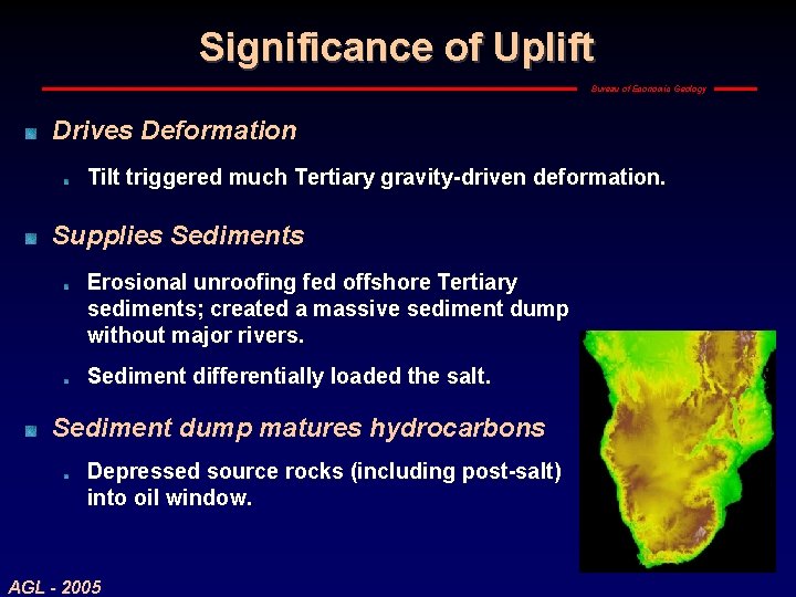 Significance of Uplift Bureau of Economic Geology Drives Deformation Tilt triggered much Tertiary gravity-driven