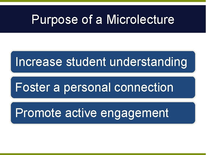 Purpose of a Microlecture Increase student understanding Foster a personal connection Promote active engagement