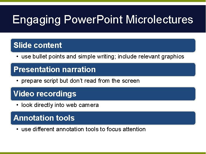 Engaging Power. Point Microlectures Slide content • use bullet points and simple writing; include