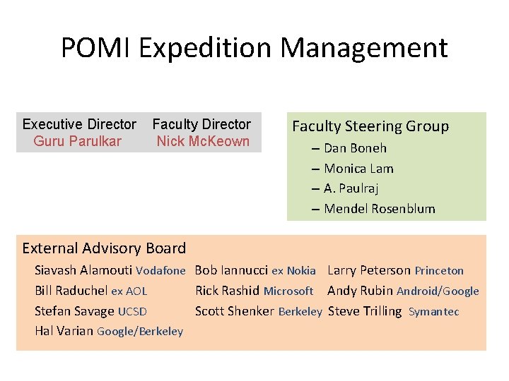 POMI Expedition Management Executive Director Guru Parulkar Faculty Director Nick Mc. Keown Faculty Steering