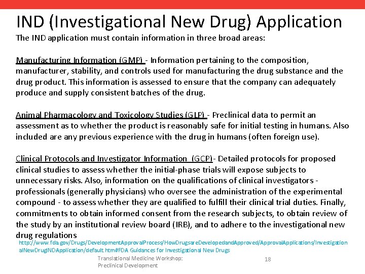 IND (Investigational New Drug) Application The IND application must contain information in three broad