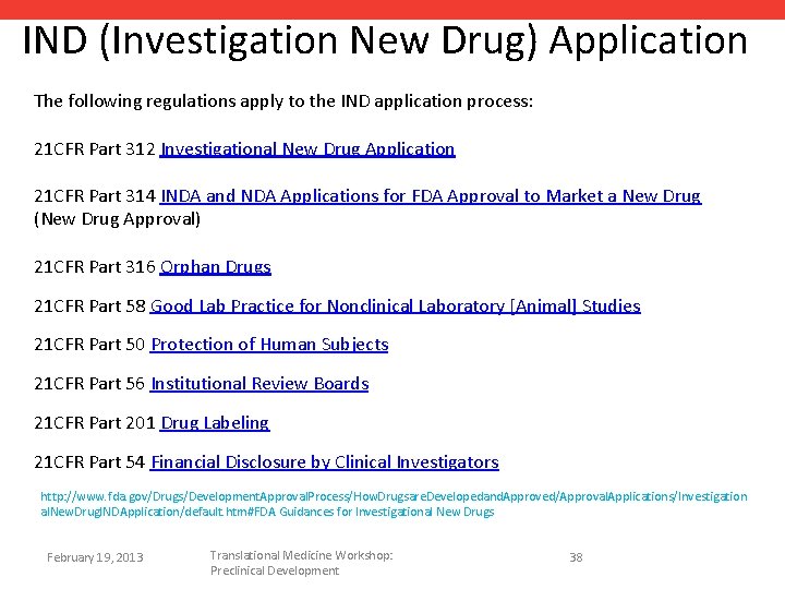 IND (Investigation New Drug) Application The following regulations apply to the IND application process: