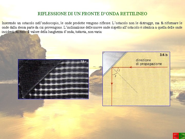 RIFLESSIONE DI UN FRONTE D’ONDA RETTILINEO Inserendo un ostacolo nell’ondoscopio, le onde prodotte vengono