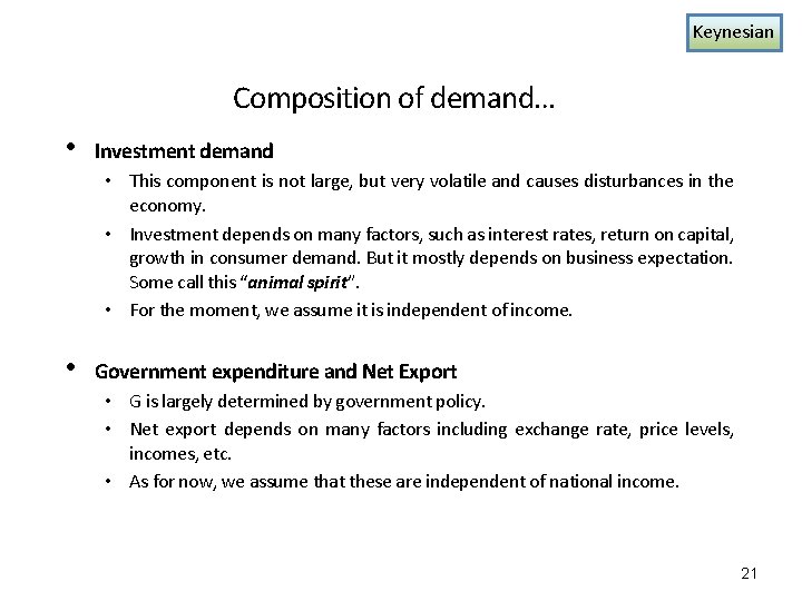 Keynesian Composition of demand… • Investment demand • This component is not large, but