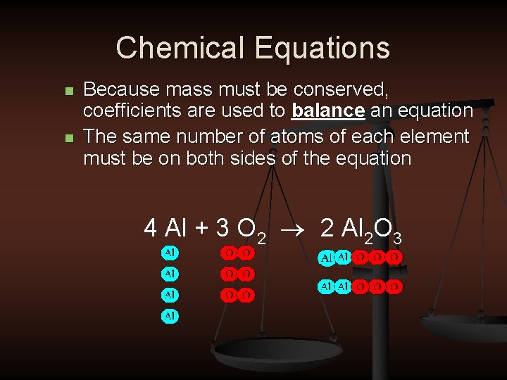 Chemical Equations n n Because mass must be conserved, coefficients are used to balance