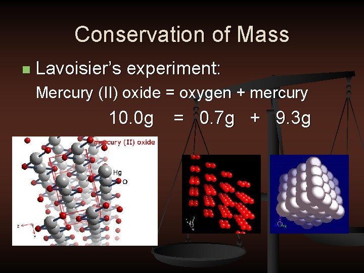 Conservation of Mass n Lavoisier’s experiment: Mercury (II) oxide = oxygen + mercury 10.