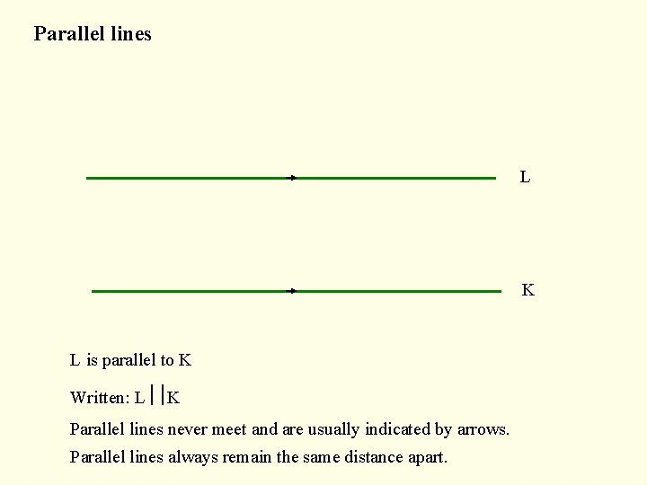Parallel lines L K L is parallel to K Written: L K Parallel lines