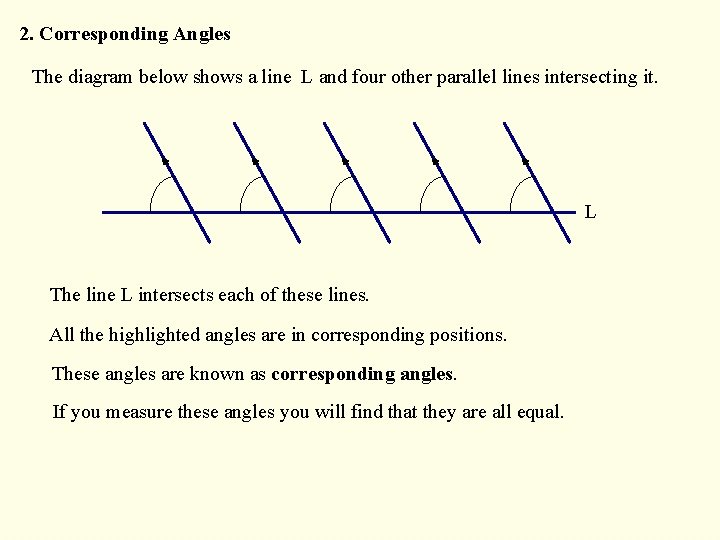 2. Corresponding Angles The diagram below shows a line L and four other parallel