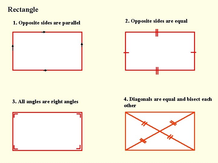 Rectangle 1. Opposite sides are parallel 2. Opposite sides are equal 3. All angles