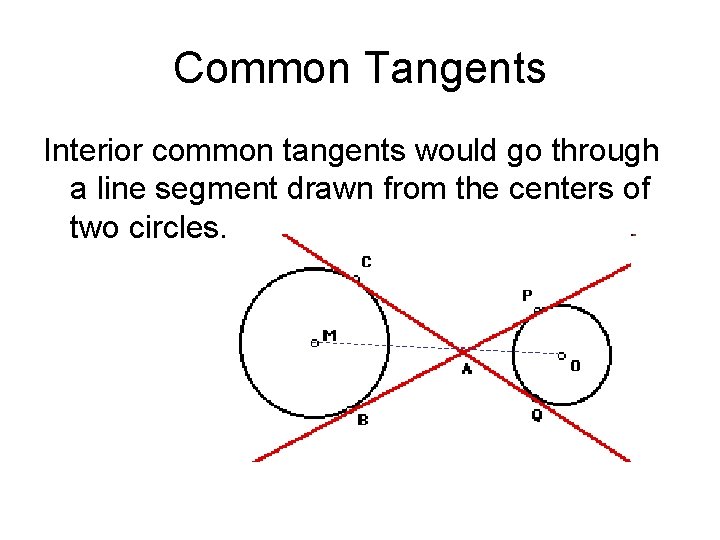 Common Tangents Interior common tangents would go through a line segment drawn from the