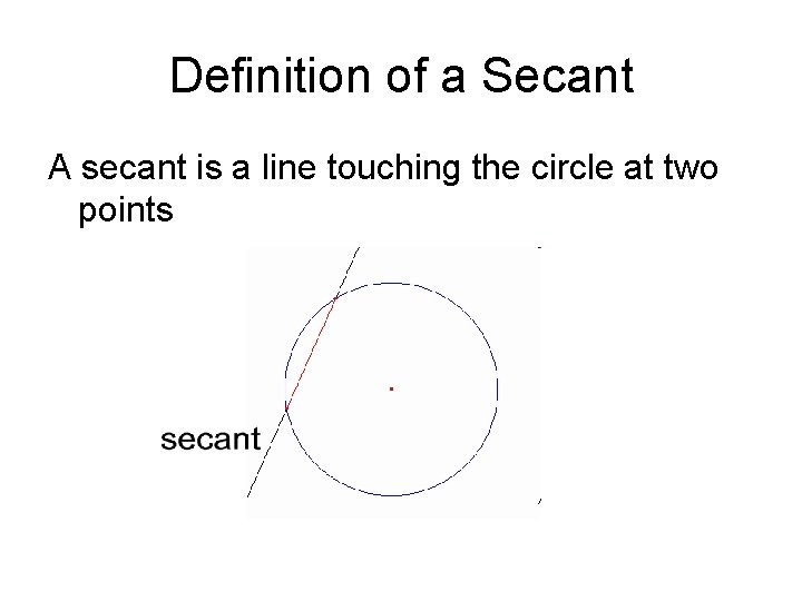 Definition of a Secant A secant is a line touching the circle at two