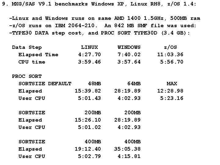 9. MXG/SAS V 9. 1 benchmarks Windows XP, Linux RH 8, z/OS 1. 4: