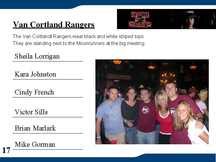 Van Cortland Rangers The Van Cortlandt Rangers wear black and white striped tops. They