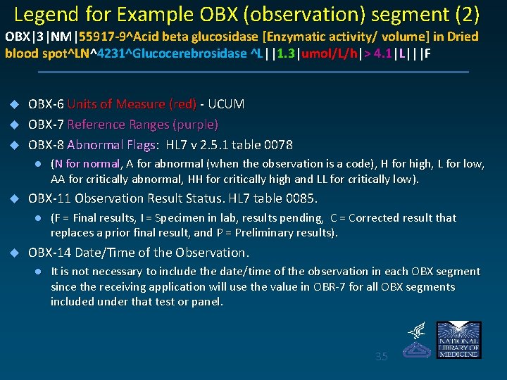 Legend for Example OBX (observation) segment (2) OBX|3|NM|55917 -9^Acid beta glucosidase [Enzymatic activity/ volume]