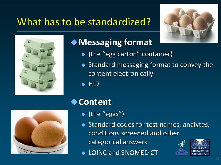 What has to be standardized? u Messaging format l l l (the “egg carton”