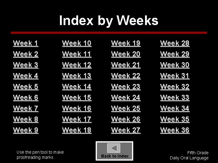 Index by Weeks Week 1 Week 2 Week 3 Week 4 Week 10 Week