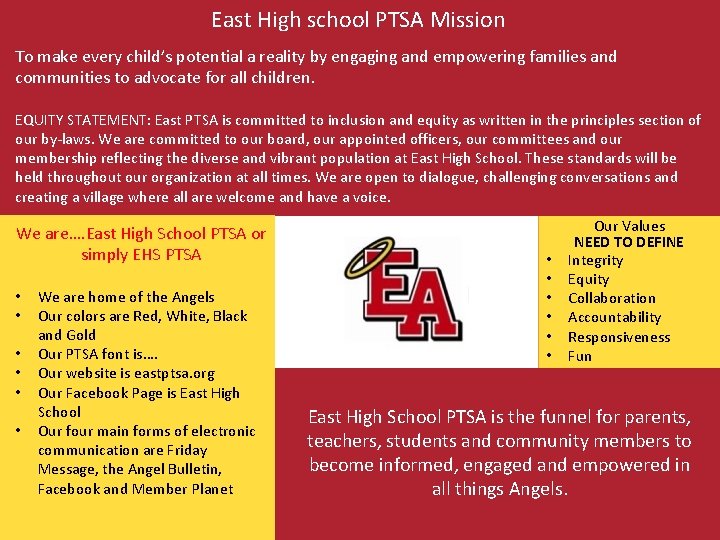 East High school PTSA Mission To make every child’s potential a reality by engaging