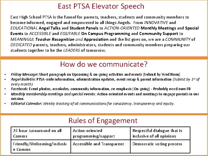 East PTSA Elevator Speech East High School PTSA is the funnel for parents, teachers,
