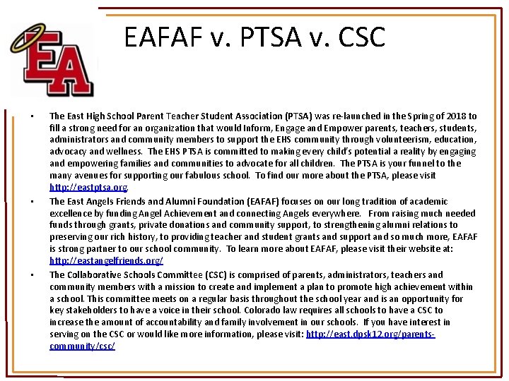EAFAF v. PTSA v. CSC • • • The East High School Parent Teacher