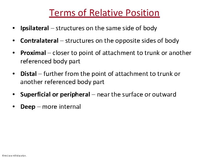 Terms of Relative Position • Ipsilateral – structures on the same side of body