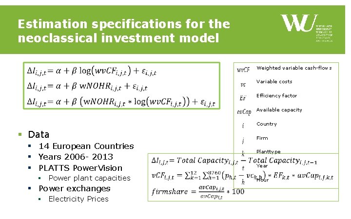 Estimation specifications for the neoclassical investment model Weighted variable cash-flows Variable costs Efficiency factor Estimation specifications for the neoclassical investment model Weighted variable cash-flows Variable costs Efficiency factor