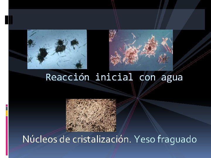 Reacción inicial con agua Núcleos de cristalización. Yeso fraguado 