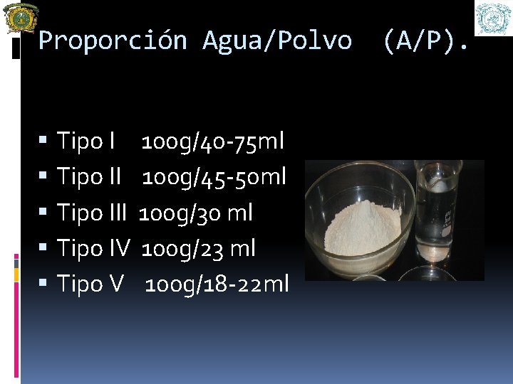 Proporción Agua/Polvo Tipo I 100 g/40 -75 ml Tipo II 100 g/45 -50 ml