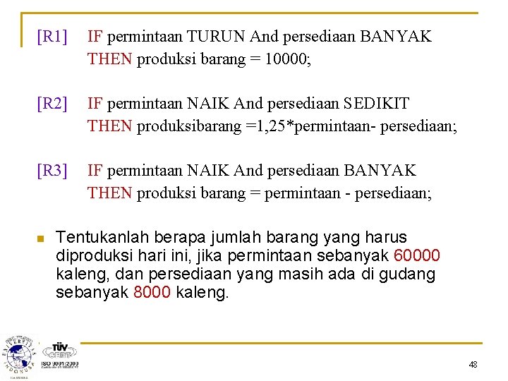 [R 1] IF permintaan TURUN And persediaan BANYAK THEN produksi barang = 10000; [R