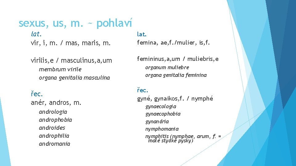 sexus, m. ~ pohlaví lat. vir, i, m. / mas, maris, m. lat. femina,