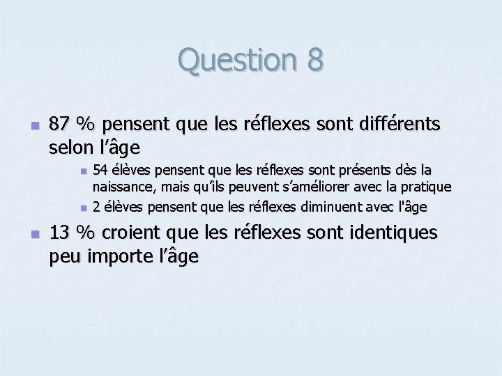 Question 8 n 87 % pensent que les réflexes sont différents selon l’âge n