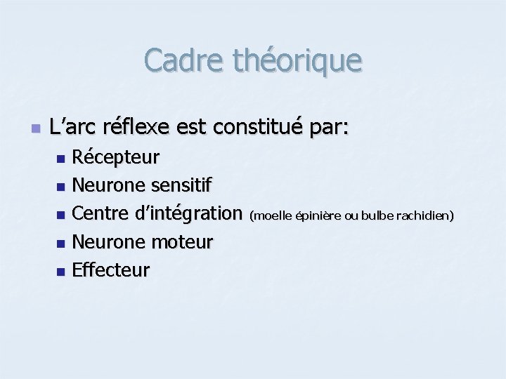 Cadre théorique n L’arc réflexe est constitué par: Récepteur n Neurone sensitif n Centre