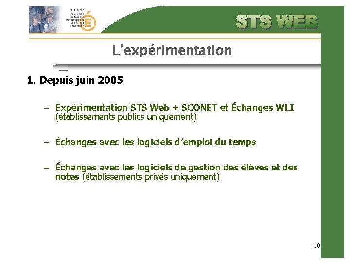 L’expérimentation 1. Depuis juin 2005 – Expérimentation STS Web + SCONET et Échanges WLI