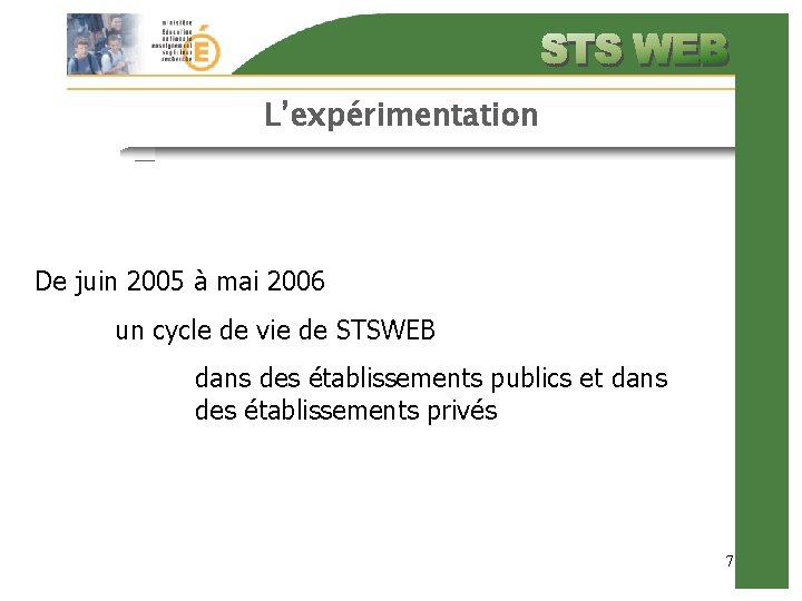 L’expérimentation De juin 2005 à mai 2006 un cycle de vie de STSWEB dans