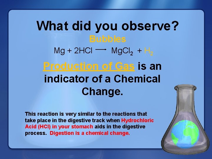 What did you observe? Bubbles Mg + 2 HCl Mg. Cl 2 + H