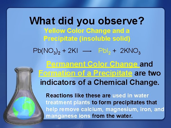 What did you observe? Yellow Color Change and a Precipitate (insoluble solid) Pb(NO 3)2
