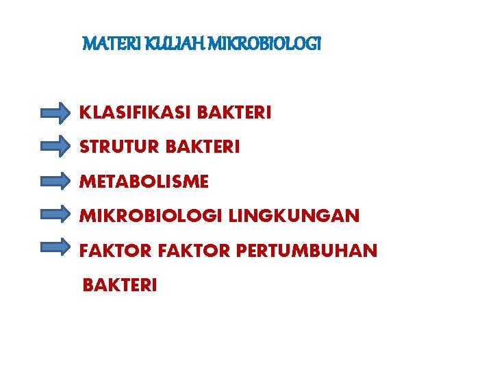 MATERI KULIAH MIKROBIOLOGI KLASIFIKASI BAKTERI STRUTUR BAKTERI METABOLISME MIKROBIOLOGI LINGKUNGAN FAKTOR PERTUMBUHAN BAKTERI 