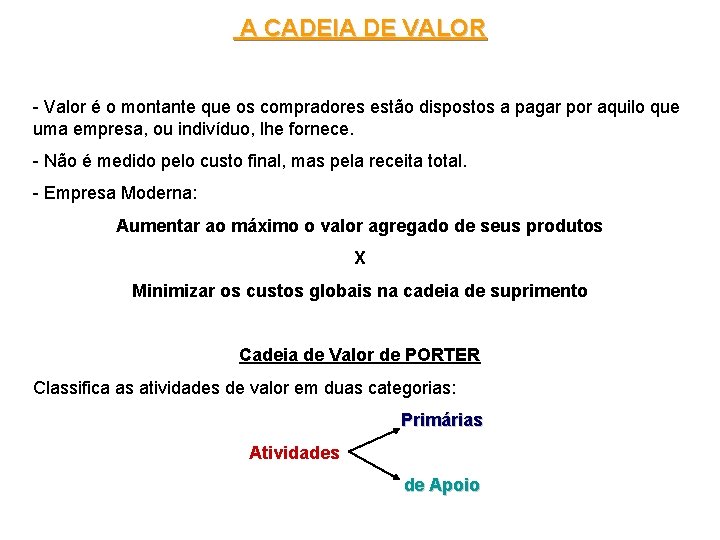 A CADEIA DE VALOR - Valor é o montante que os compradores estão dispostos