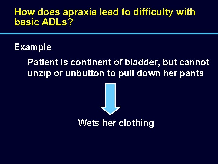 How does apraxia lead to difficulty with basic ADLs? Example Patient is continent of