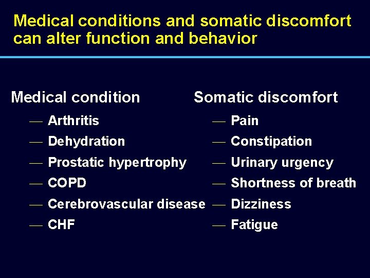 Medical conditions and somatic discomfort can alter function and behavior Medical condition Somatic discomfort
