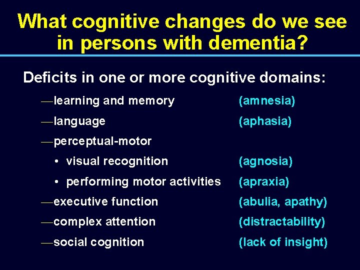 What cognitive changes do we see in persons with dementia? Deficits in one or