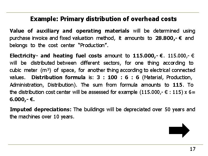 Example: Primary distribution of overhead costs Value of auxiliary and operating materials will be