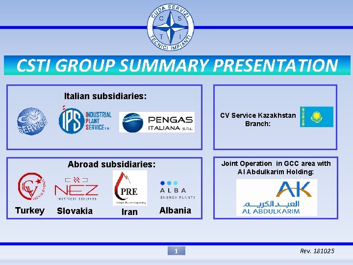 CSTI GROUP SUMMARY PRESENTATION Italian subsidiaries: CV Service Kazakhstan Branch: Abroad subsidiaries: Turkey Slovakia