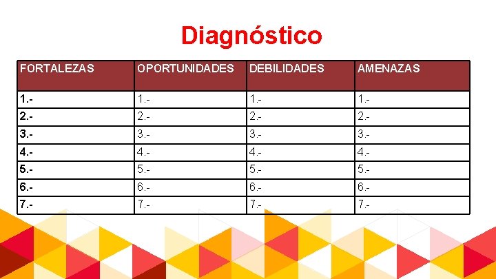 Diagnóstico FORTALEZAS OPORTUNIDADES DEBILIDADES AMENAZAS 1. - 2. - 3. - 4. - 5.