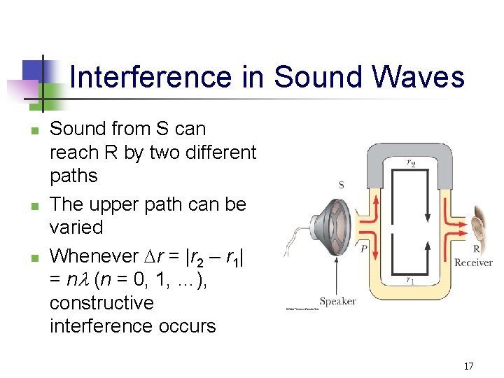 Interference in Sound Waves n n n Sound from S can reach R by
